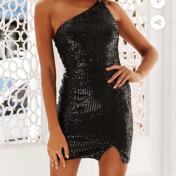 stockings with black dress Dressime Women Sparkly Black Sequin Formal Dress A Line One Shoulder Sequin  Slit Long Party Dress – dressime